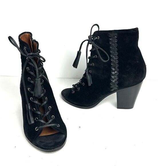 Frye Black Suede Leather Dani
Whipstitch Peep Toe Lace zip Booties block Heel 8 - Picture 3 of 13